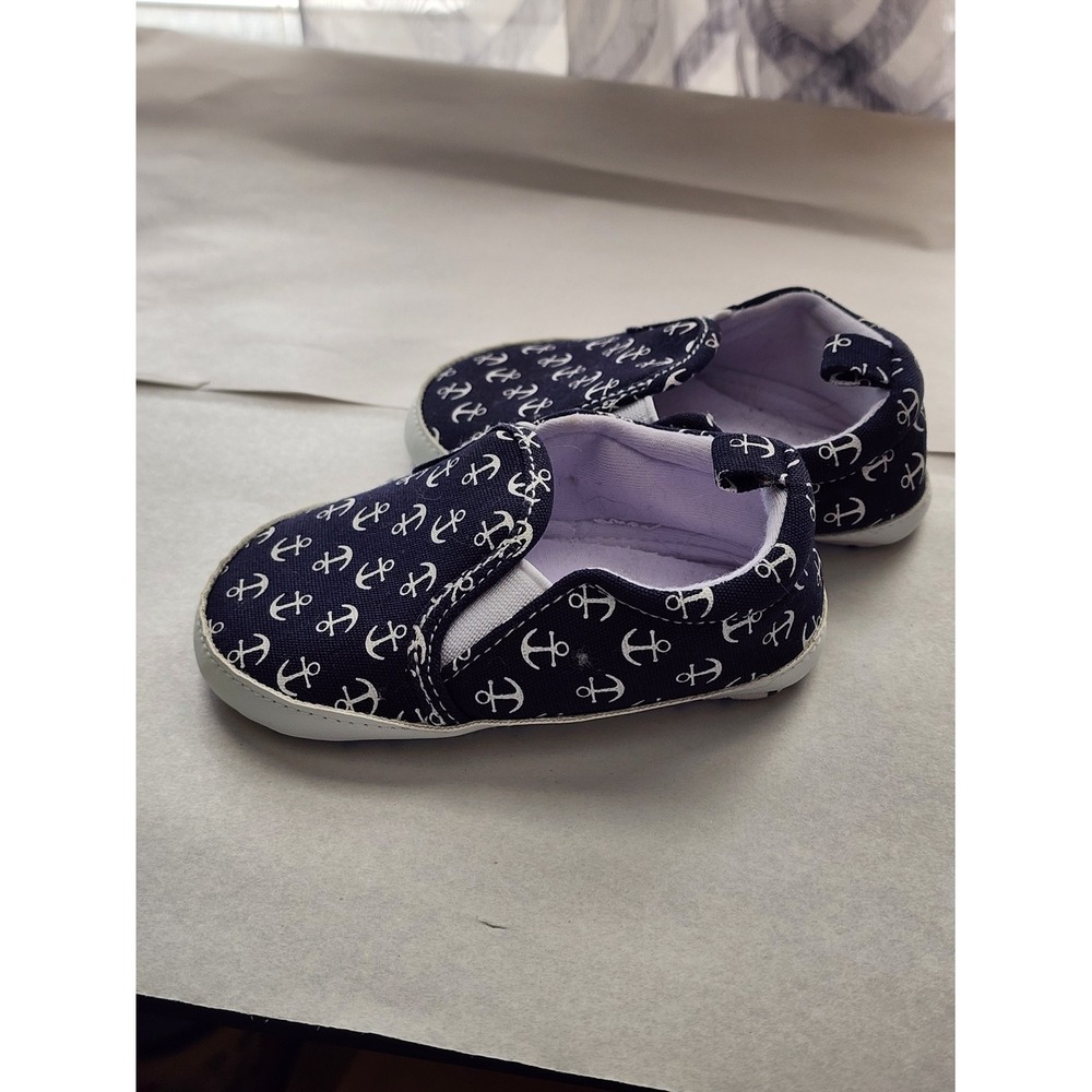 Tommy Bahama Kids Navy Blue Anchor Print Slip On Crib Shoes 12-18 Months